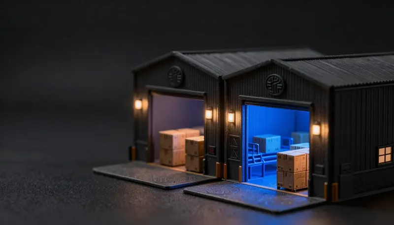 Two matching loading docks sit side by side holding identical crates, one gate and conveyor glowing blue, showing that both cloud platforms now carry the same goods through different doors.