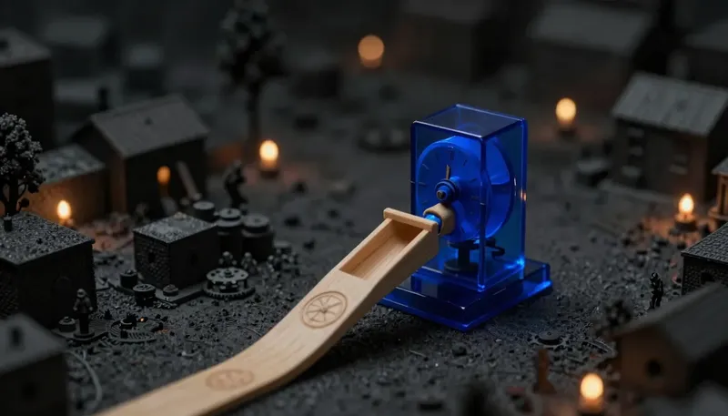 One glowing blue clockwork mechanism feeds two exit chutes, one routed through a warehouse dock and one leading straight out, showing the same engine reached by two different delivery routes.