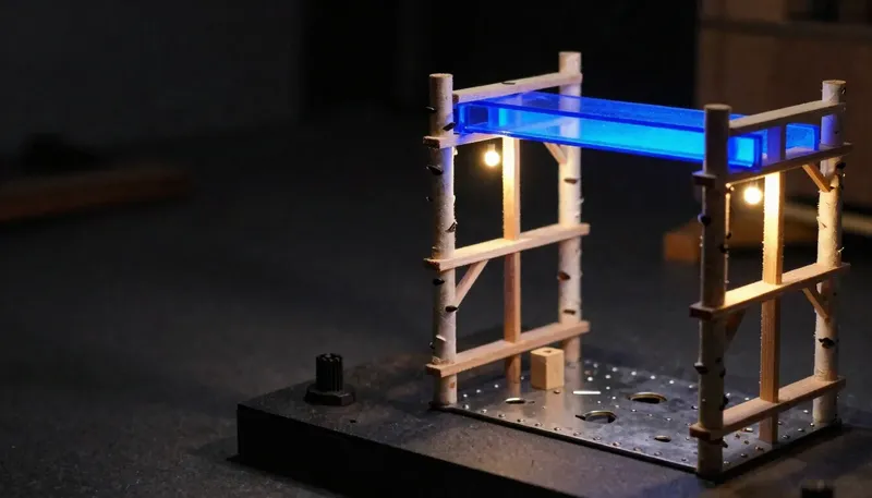 A snap-together scaffold with premade blocks stands beside a riveted frame built plate by plate, its glowing blue core beam showing the difference between a fast mockup and a structure built to last.