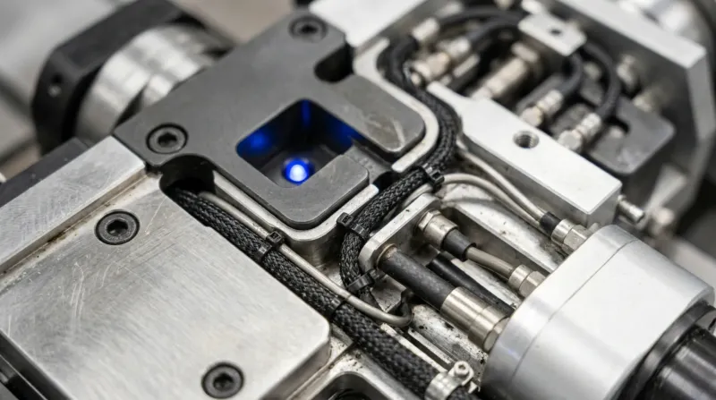 A precision assembly on a workbench caught mid-operation, machined surfaces and cabling, one blue indicator lit.