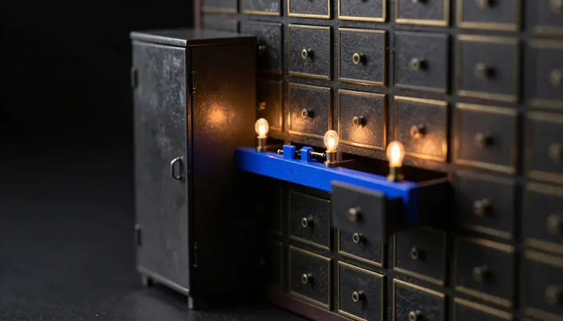 Miniature night diorama: two rival mechanisms before a wall of candidate index drawers — a sealed cabinet and an open matching rail linking drawers, the rail cobalt