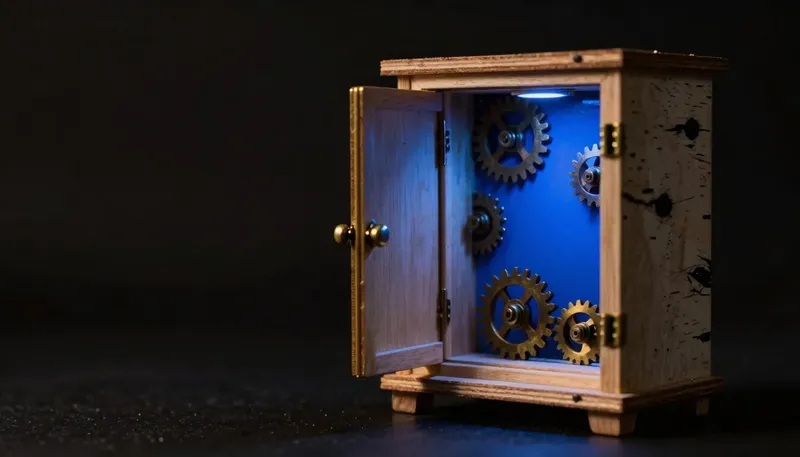 A sealed brass-doored cabinet stands next to an open frame built around visible gears, both glowing blue inside, contrasting a closed enterprise product with custom-built AI.