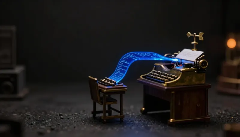 Two miniature coding desks with faceless workers, one streaming glowing blue code tiles and the other topped by a brass cursor weathervane, comparing two AI coding tools.