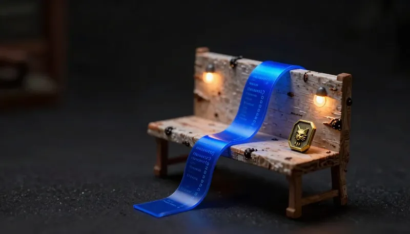 A miniature coding bench feeds a glowing blue ribbon of code blocks into a small brass octagon emblem, showing two AI coding assistants working the same terminal.