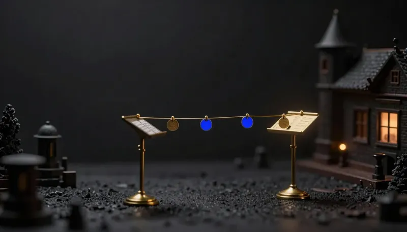 Two facing brass lecterns with faceless wood figures exchanging glowing blue speech-bubble tokens on a wire, depicting a dialogue between two AI models.