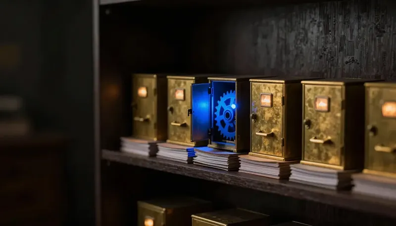 Miniature night diorama: a shelf of small brass filing machines above case folders, one opened with a cobalt gear inside.