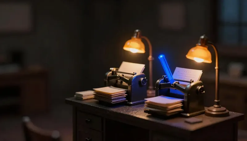 Miniature night diorama: two rival brass filing machines on one bench, the right one running with a cobalt feed arm.