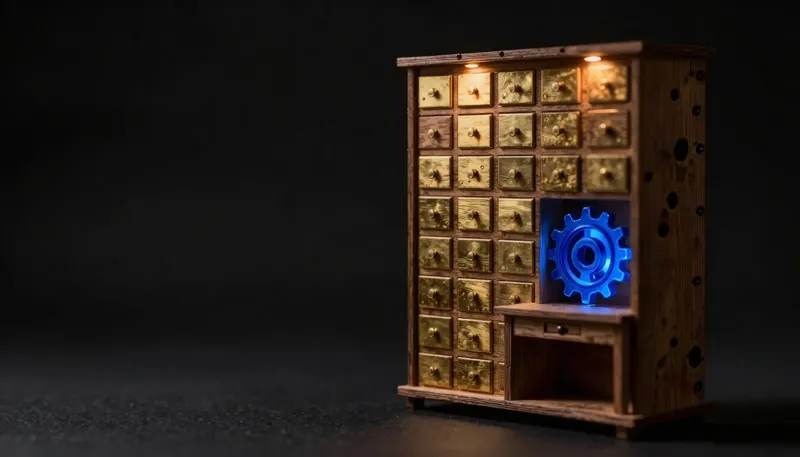 A wall of identical preset drawers stands beside a workbench where a figure builds one custom mechanism around a glowing blue gear, contrasting a template studio with a custom agent.