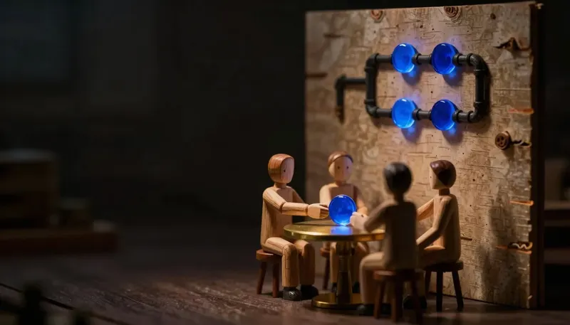 A crew of faceless figures passing a glowing blue token around a table sits beside a branching pipe diagram carrying the same token, contrasting a agent crew with a graph-based agent framework.