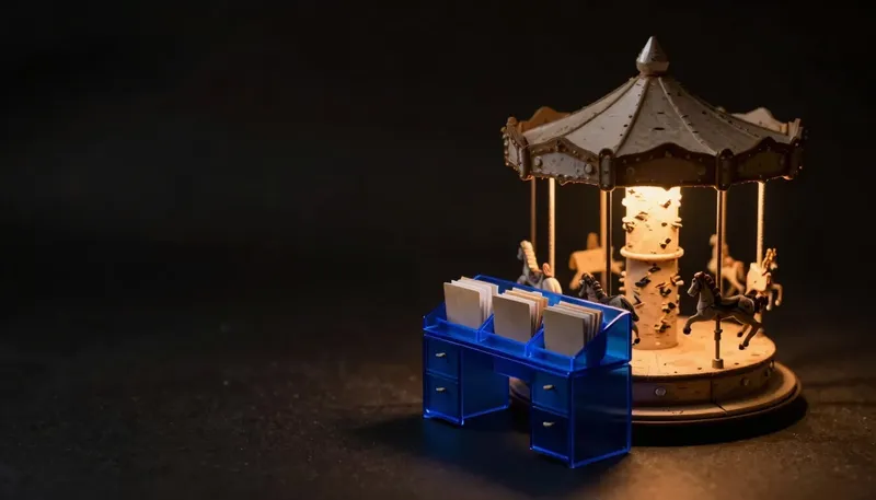 A miniature standard filing carousel beside a glowing blue custom-cut index desk, comparing off-the-shelf Salesforce to a CRM built to fit.