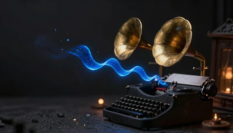 Two brass gramophone horns emit glowing blue soundwave tiles that fall into typewriter trays below, showing two speech-to-text engines transcribing audio.