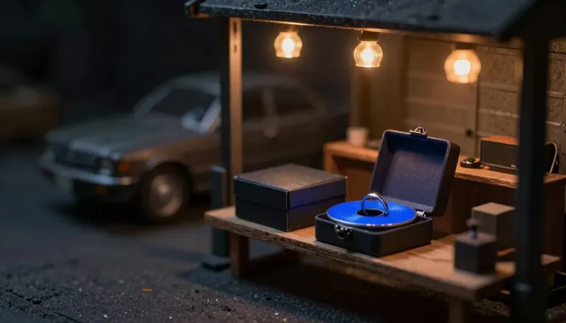 Miniature night diorama: two rival mechanisms on a garage bench beside a car on a lift — a sealed booking box and an open appointment drum, the drum ringed cobalt