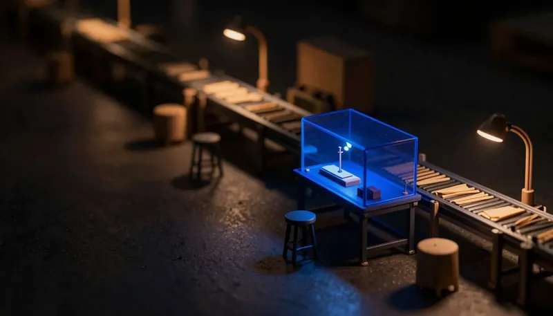 A miniature glowing blue single-jig workstation beside a wide plain conveyor routing many articles across a floor, comparing Dify's focused build to n8n's broad routing.