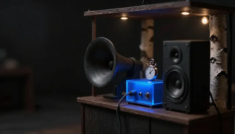 A miniature recording booth with a horn speaker beside a glowing blue relay station wired for speed with a stopwatch above it, comparing ElevenLabs' tone to Cartesia's latency.