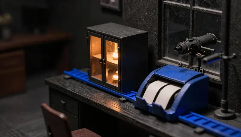 Miniature night diorama: two rival mechanisms on a field-office bench — a sealed cabinet and an open ticket-counting rail feeding blank field tickets, the rail cobalt, tank battery through the window