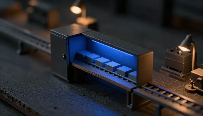 Miniature night diorama: two rival mechanisms on a dispatch bench above a miniature cross-dock — a sealed cabinet and an open modular rail system, the open one moving crates along a cobalt line
