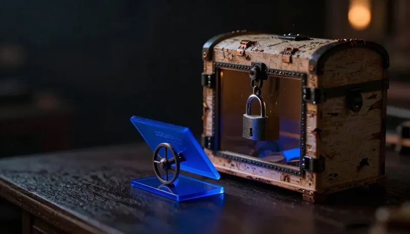 A locked strongbox with one fixed total sits beside an open ledger with a running tally wheel, the ledger glowing blue to show a sealed price against a running one that changes as work continues.