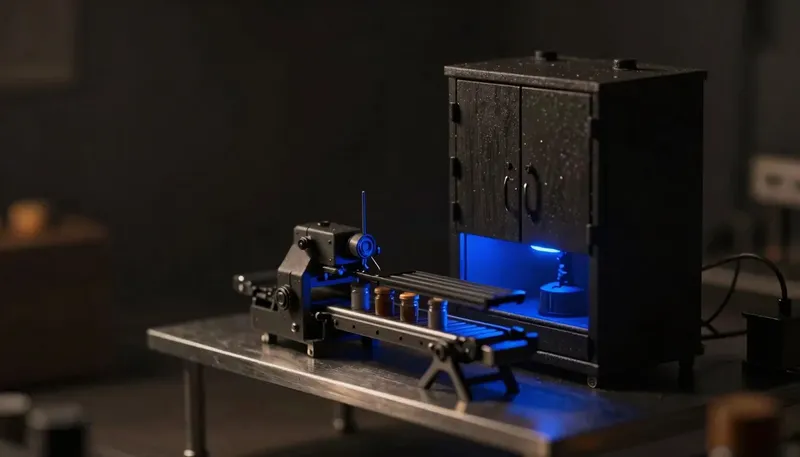 Miniature night diorama: two rival mechanisms on a stainless bench — a towering sealed cabinet and a compact open scanner gate over a jar conveyor, the gate glowing cobalt