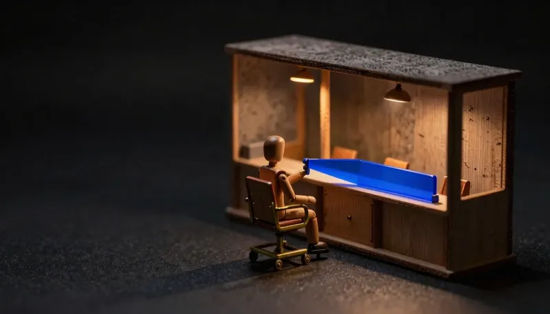 A wheeled captain's chair with one figure sits beside a fixed multi-desk office block, linked by a glowing blue beam, contrasting a part-time fractional CTO with a full development agency.