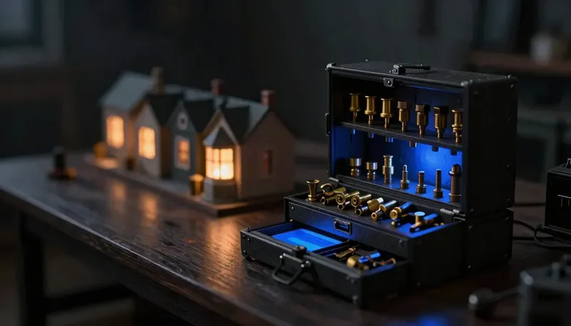 Miniature night diorama: two rival mechanisms on a desk above a model house row — a sealed multi-tool cabinet bristling with unused attachments and a single open lead-card rail glowing cobalt