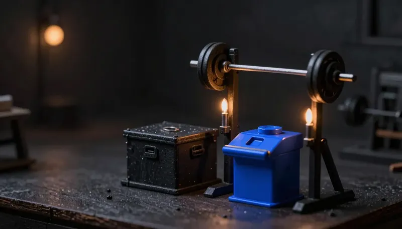 Miniature night diorama: two rival mechanisms beside a miniature barbell rack — a sealed membership box and an open turnstile linkage, the beam cobalt
