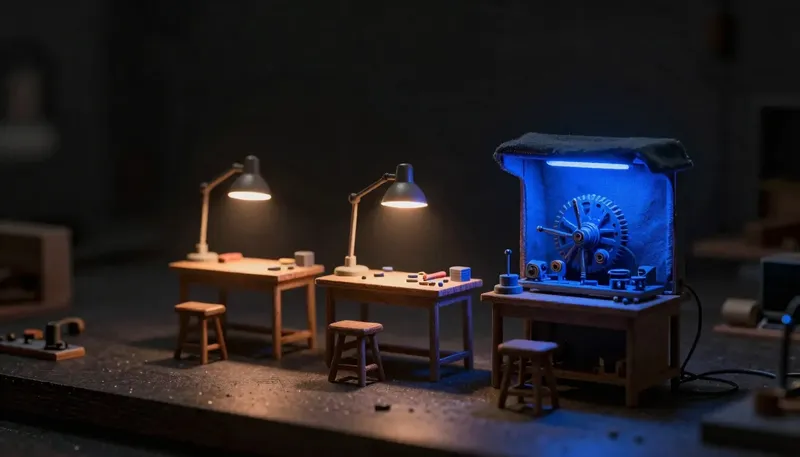 Miniature night diorama: three small workbenches in a row under lamps — one empty, one with scattered parts, one with a complete running cobalt mechanism under a cloth being lifted
