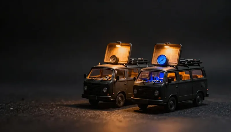 Miniature night diorama: two matching field-service vans nose to nose under amber shop lights, open toolboxes, one cobalt gauge.