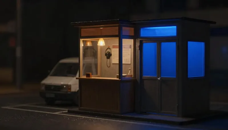 Miniature night diorama: a small reception booth with an amber lamp and a headset beside a compact machine cabinet with one cobalt window, a tiny HVAC van parked between.