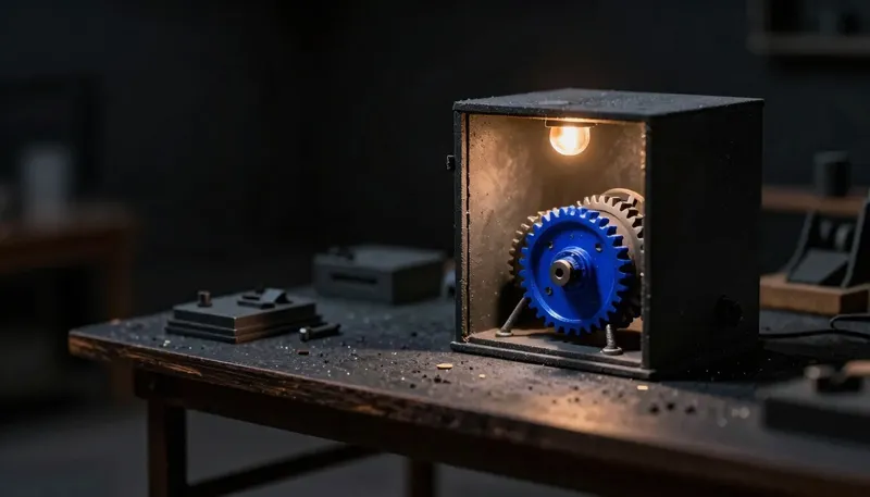 Miniature night diorama: two rival mechanisms on a tailgate workbench by miniature mowers — a sealed green-lit box kept running beside an open cobalt gear train bolted around it