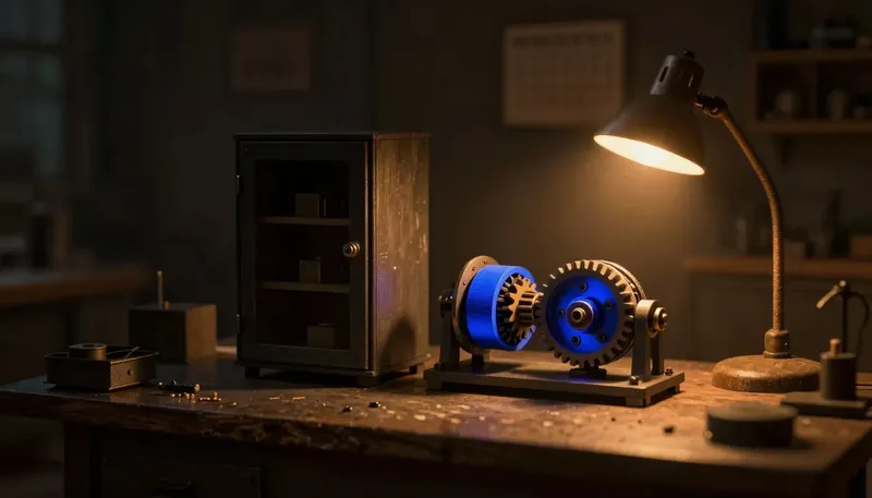 Miniature night diorama: two rival mechanisms side by side on a machine-shop workbench — a sealed monolithic cabinet and an open modular gear train — the open one running with a cobalt tracking rail, paper travelers pegged behind
