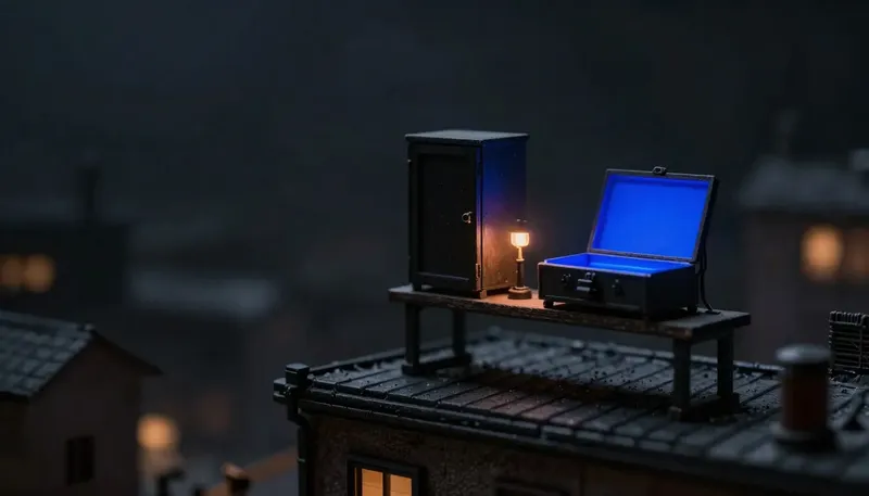 Miniature night diorama: two rival mechanisms on a bench above a storm-lit roofline — a sealed cabinet and an open claim-folder rail glowing cobalt