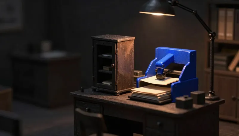 Miniature night diorama: two rival mechanisms on a night-office desk — a sealed cabinet and an open sorting arm over ledger stacks, the arm cobalt