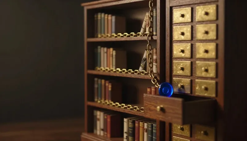 A shelf of linked brass chain modules stands beside an indexed card-catalog cabinet, joined by one glowing blue token, comparing a chaining framework with an indexing framework.