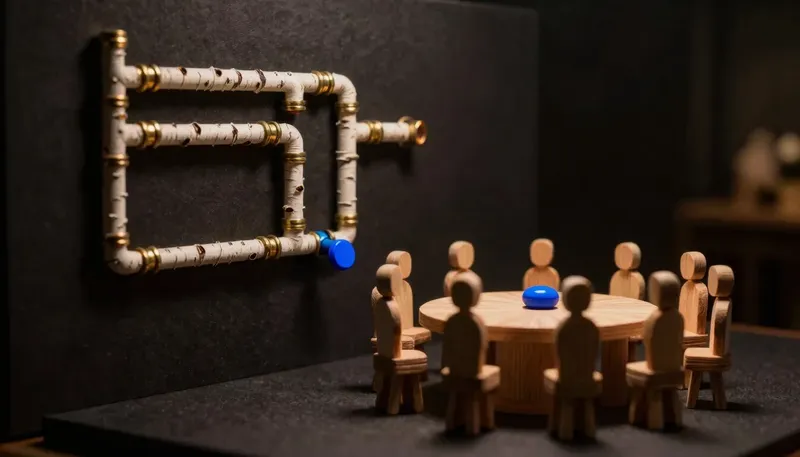 A fixed branching pipe diagram sits beside a loose circle of conversing faceless figures, both carrying one glowing blue token, contrasting a structured graph framework with a free-form multi-agent one.