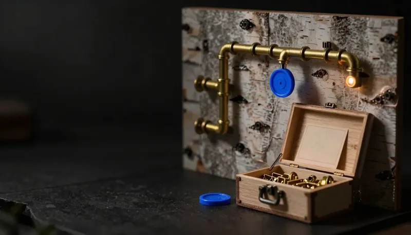A fixed branching pipe panel sits beside an open toolbox of loose brass parts, both holding a glowing blue token, contrasting a structured graph framework with a flexible agent-building kit.