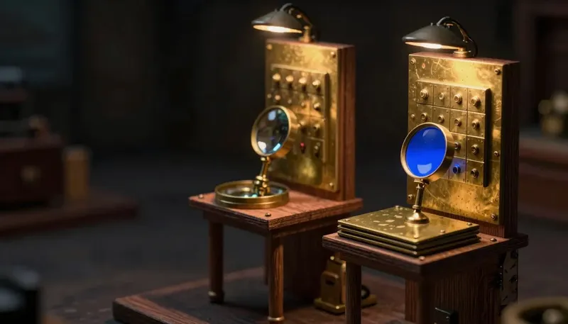 Two figures watch glowing blue trace tiles scroll past on brass panels, one feeding a magnifying loupe and the other a ledger tray, comparing two LLM observability tools.