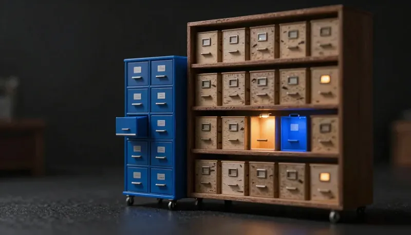 A shelf of identical case-file boxes sits beside a custom filing carousel cut to match one firm's unusual folder sizes, the carousel glowing blue to show a standard workflow against one built to differ.