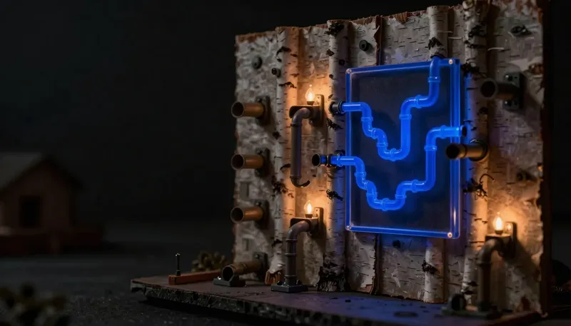 A miniature wall of fixed straight chutes beside a glowing blue branching canvas of pipes, comparing Zapier's fixed steps to Make's flexible flows.