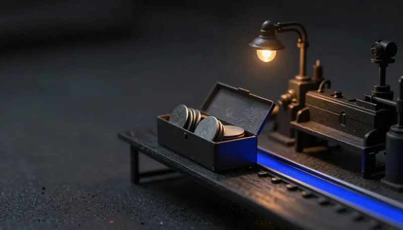 Miniature night diorama: two rival mechanisms beside a ring light — a coin-fed sealed message box overflowing with brass tokens and an open message rail running clean, the rail cobalt