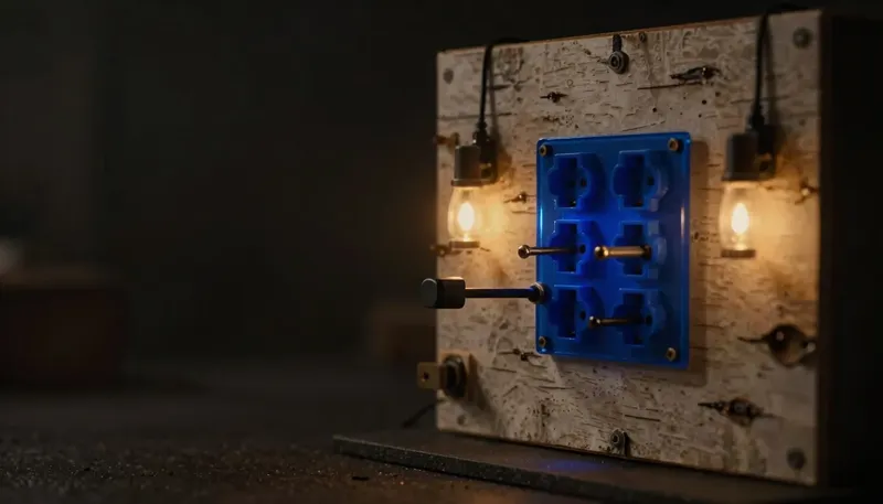 One hard-wired lever bolted to a single machine sits beside a glowing blue socket plate with several interchangeable ports, showing one wired connection against a universal way to plug into anything.
