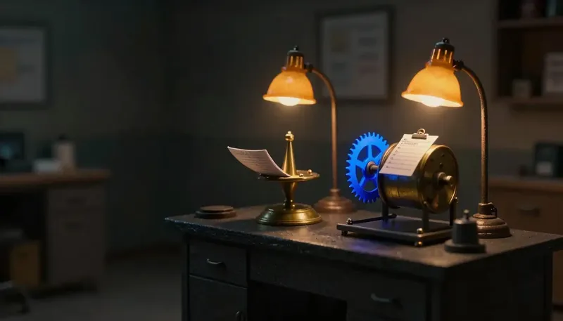 Miniature night diorama: a message spike beside a turning brass booking drum on one bench, the drum's ratchet cobalt.