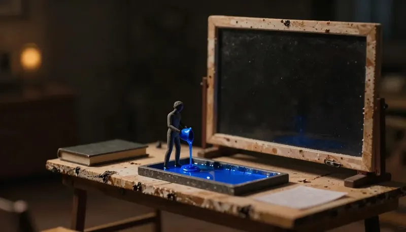 A split workbench shows a figure calibrating precise brass dials on one side and pouring glowing blue liquid into an open mold on the other, contrasting disciplined model engineering with open-ended generative AI.
