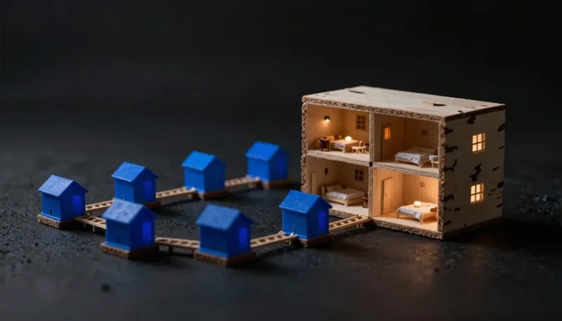 One solid block-house carved from a single piece sits beside a cluster of small glowing blue huts connected by footbridges, showing one unified structure against many separately run pieces.