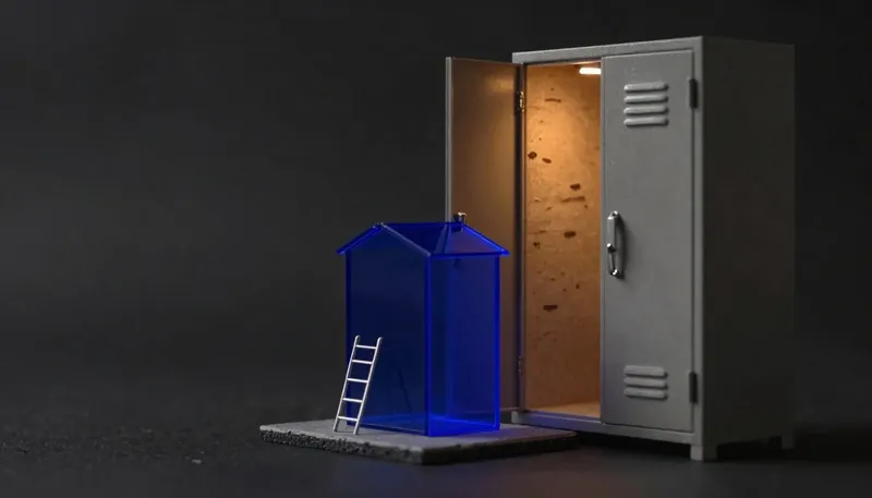 A rented locker in a shared storage wall sits beside a standalone shed on its own foundation with a maintenance ladder, the shed glowing blue to show a rented service against one you run and maintain yourself.