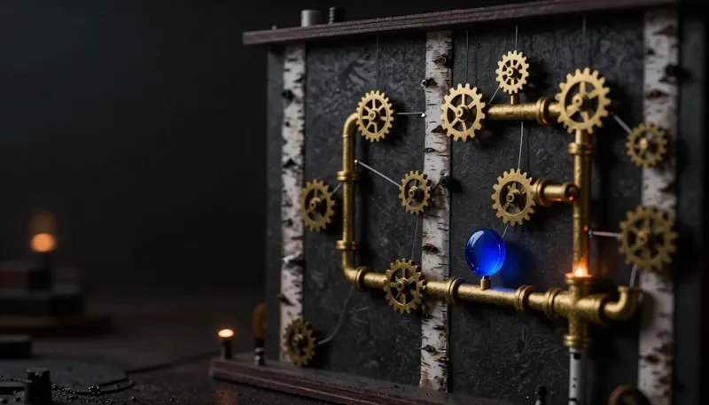 A wall of linked brass node icons with drag-lines sits beside a branching gated pipe diagram, both carrying a glowing blue token, contrasting a visual workflow tool with a code-first agent graph.