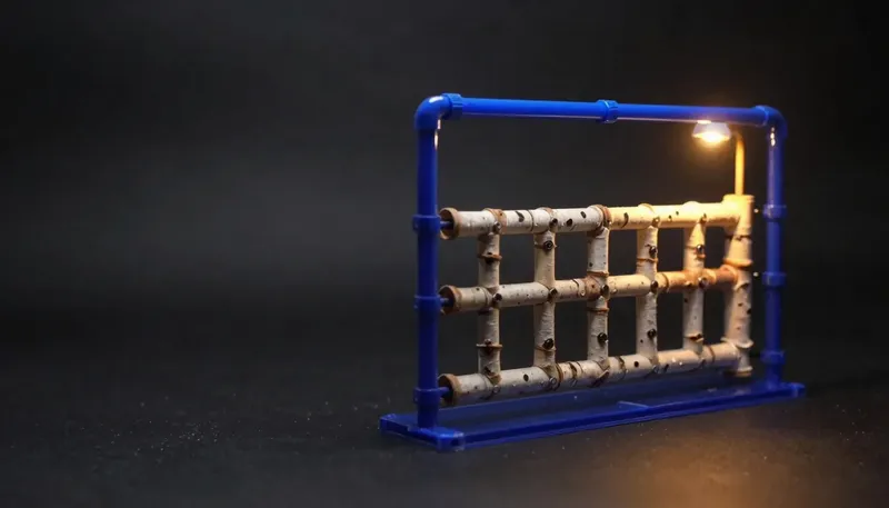 A modular pipe-rack with reconfigurable joints glows blue beside a fixed row of bolted chutes, showing a friendlier fixed layout against a system rebuilt by hand as needed.