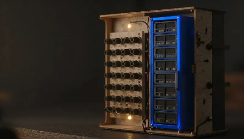 A wall rack stocked with many connector plugs sits beside a glowing blue server rack wired into the model's own conduit, showing a wide catalogue against a system installed inside your own infrastructure.