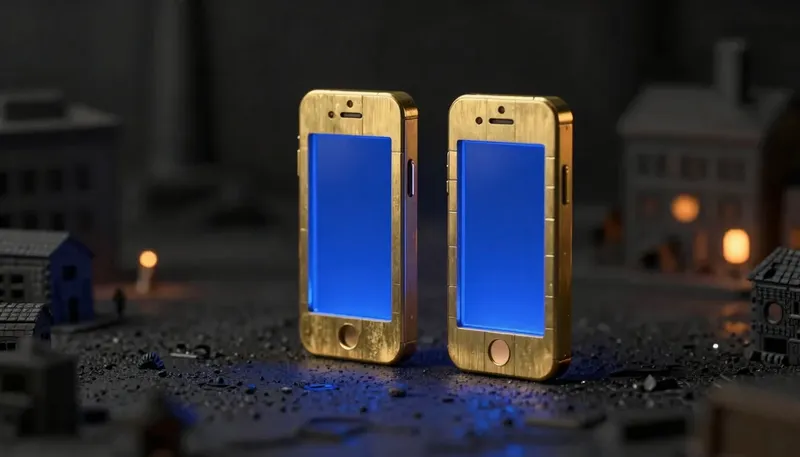 Two identical phone-shaped shells, one carved from solid wood and one built from snap-together brass tiles, both glowing blue inside, contrasting native and cross-platform mobile app building.