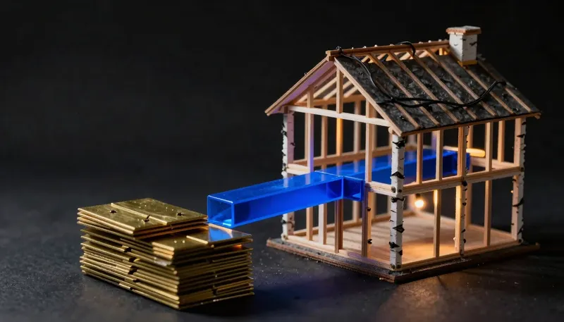 A finished house frame with roof and wiring sits beside a stack of loose unassembled wall panels, both lit by glowing blue current, contrasting a full framework with its underlying library.