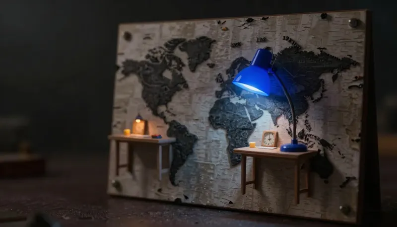 A relief map shows two small outposts pinned at different clock positions, one lit in glowing blue where its working hours overlap home base, showing the real difference is overlapping hours, not distance.